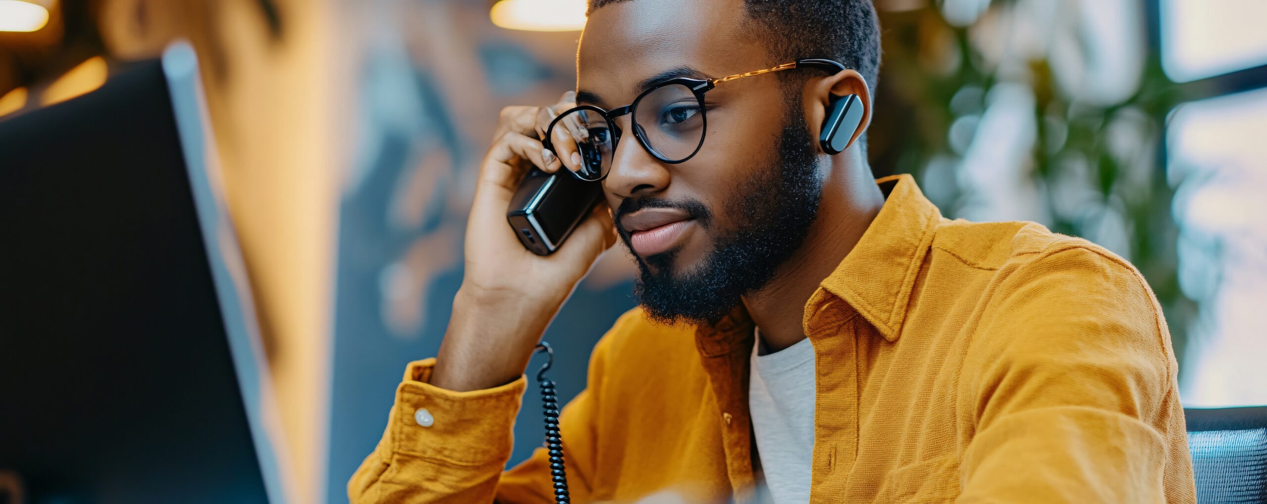 project manager is carefully listening client phone while working his desk scaled